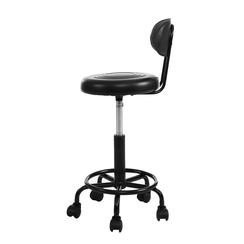 Set of 2 Round Salon Stools with Backrest PU Leather Swivel Hydraulic Lift Chair - Black/Black - Homecoze