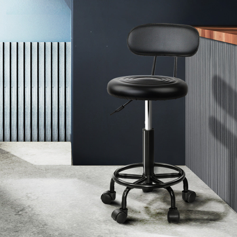 Set of 2 Round Salon Stools with Backrest PU Leather Swivel Hydraulic Lift Chair - Black/Black - Homecoze