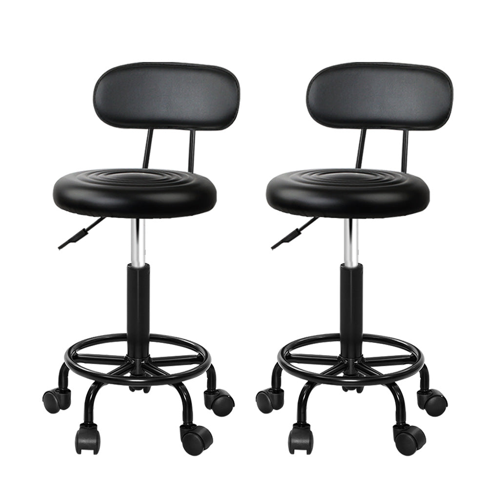 Set of 2 Round Salon Stools with Backrest PU Leather Swivel Hydraulic Lift Chair - Black/Black - Homecoze