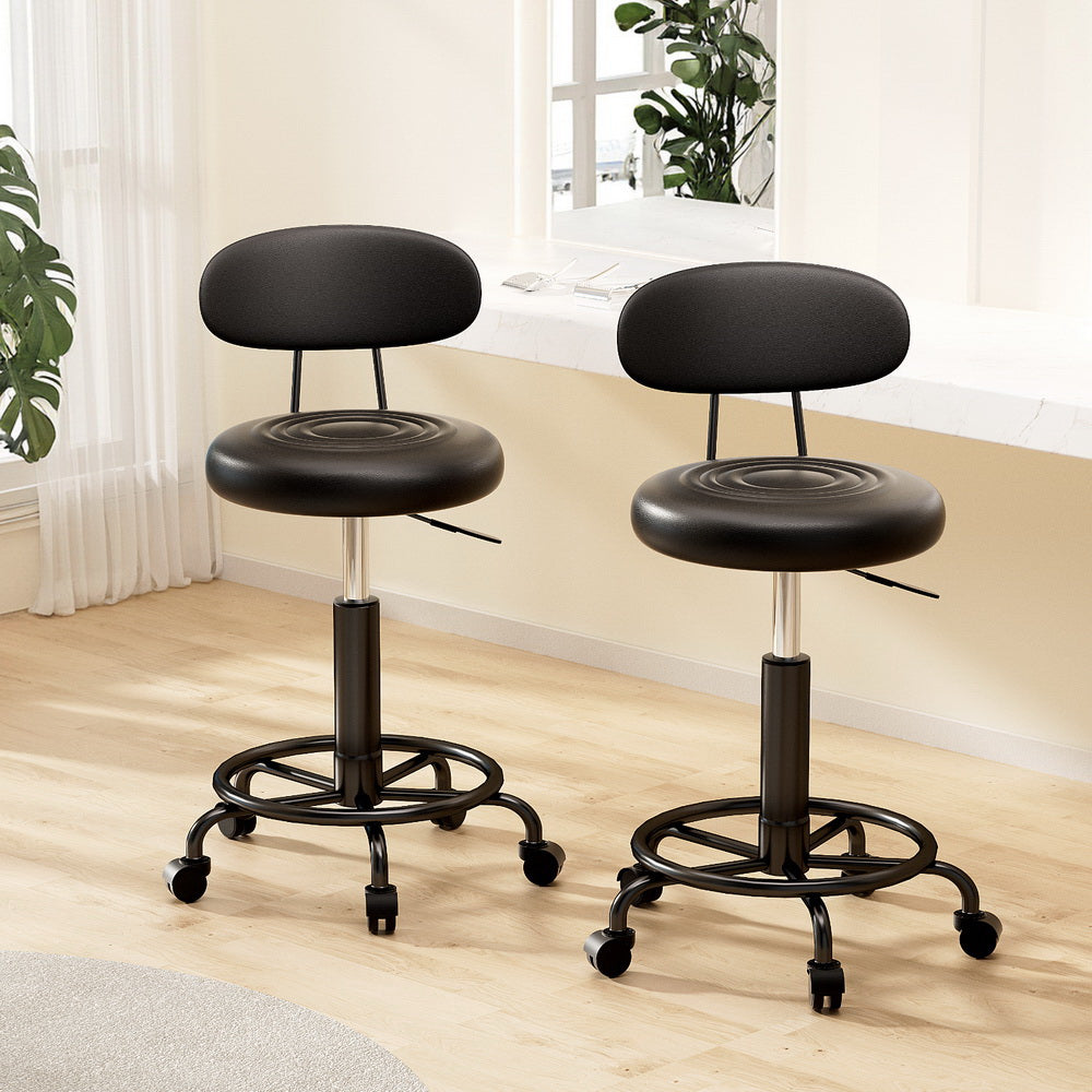 Set of 2 Round Salon Stools with Backrest PU Leather Swivel Hydraulic Lift Chair - Black/Black - Homecoze