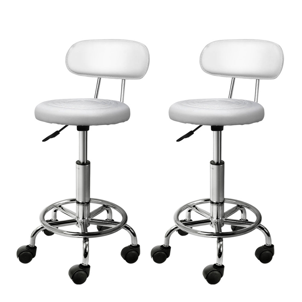 Set of 2 Round Salon Stools with Backrest PU Leather Swivel Hydraulic Lift Chair - White - Homecoze