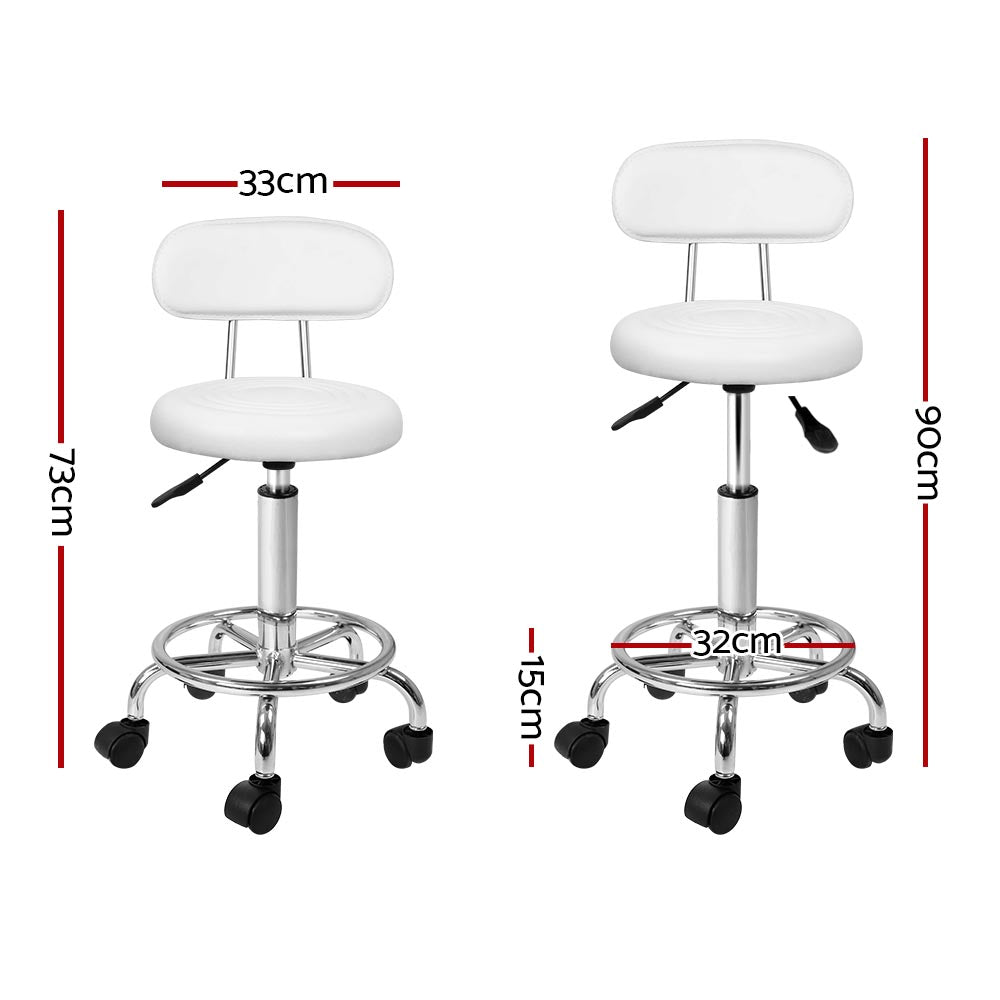 Set of 2 Round Salon Stools with Backrest PU Leather Swivel Hydraulic Lift Chair - White - Homecoze