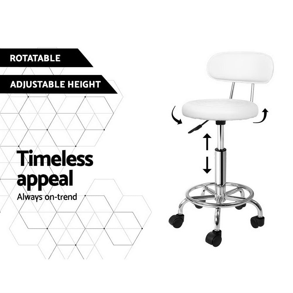Set of 2 Round Salon Stools with Backrest PU Leather Swivel Hydraulic Lift Chair - White - Homecoze
