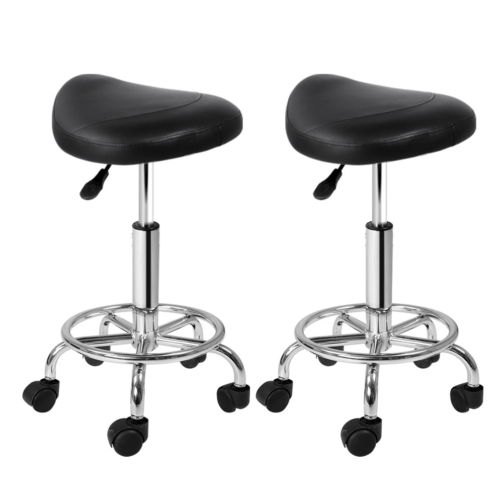 Set of 2 Saddle Seat Salon Stools PU Leather Swivel Hydraulic Lift Chair - Black - Homecoze