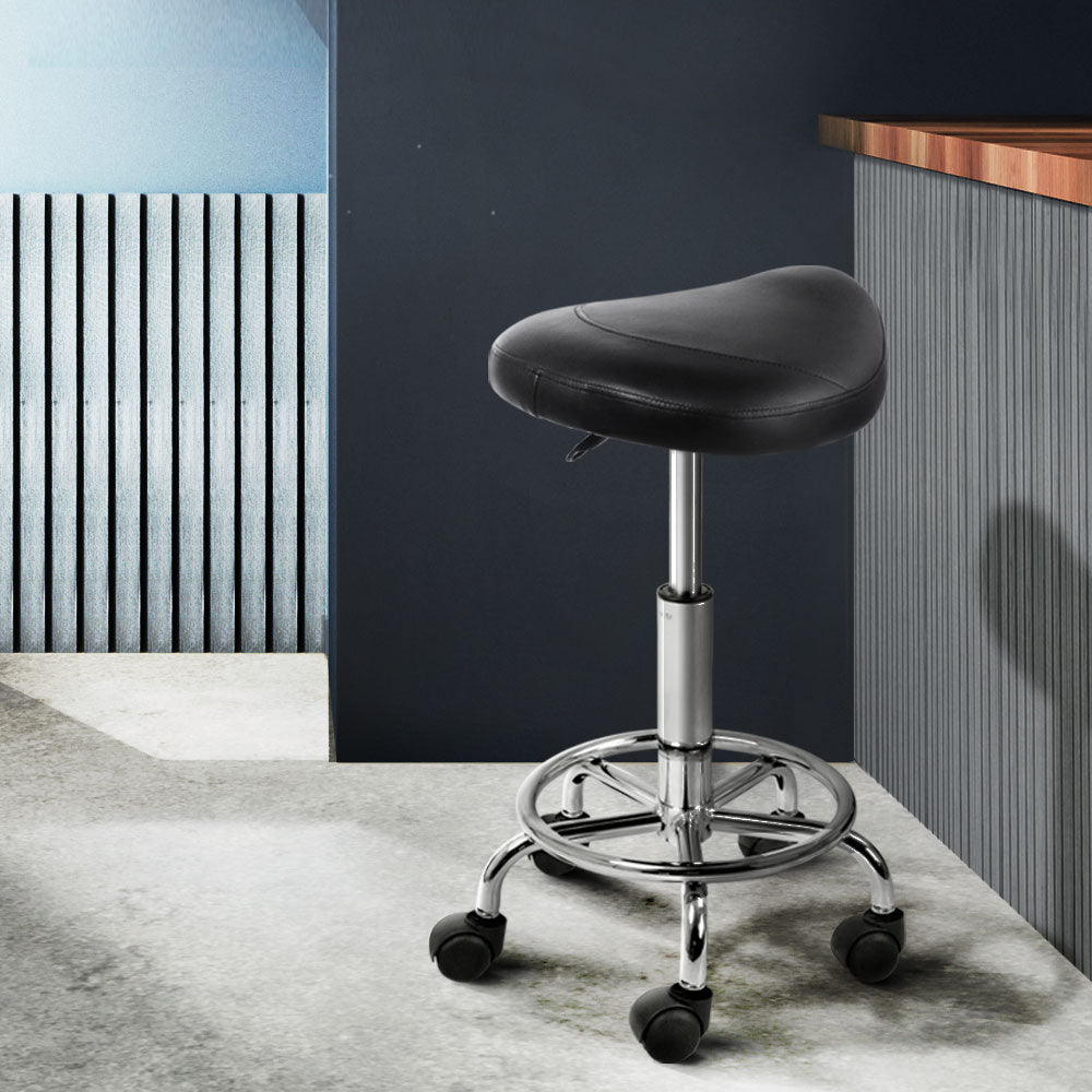 Set of 2 Saddle Seat Salon Stools PU Leather Swivel Hydraulic Lift Chair - Black - Homecoze