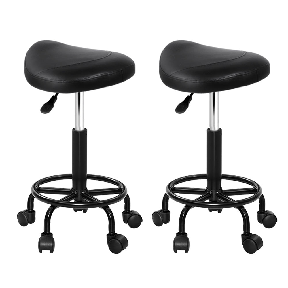 Set of 2 Saddle Seat Salon Stools PU Leather Swivel Hydraulic Lift Chair - Black on Black - Homecoze