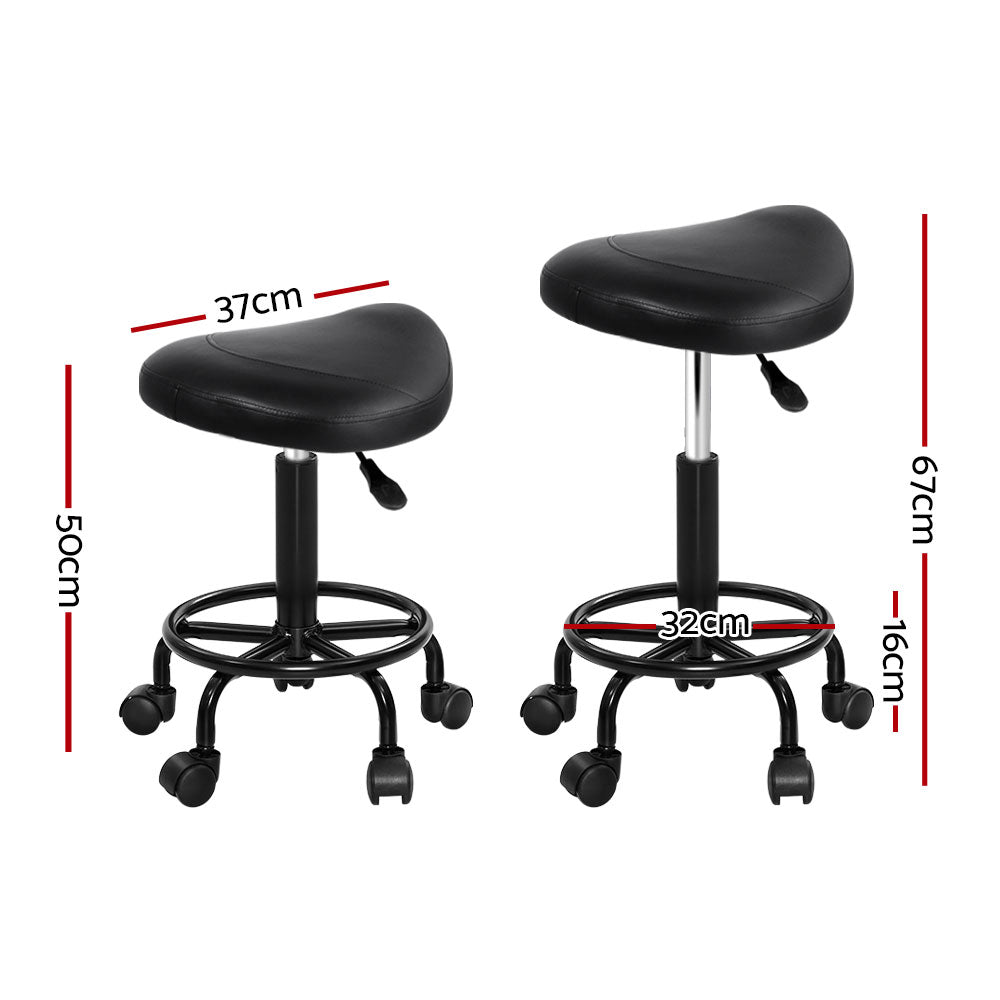 Set of 2 Saddle Seat Salon Stools PU Leather Swivel Hydraulic Lift Chair - Black on Black - Homecoze