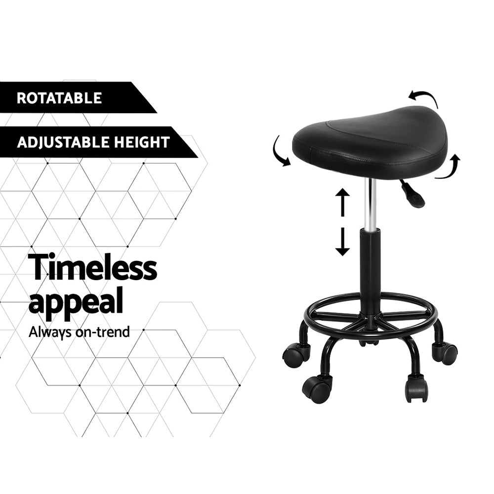 Set of 2 Saddle Seat Salon Stools PU Leather Swivel Hydraulic Lift Chair - Black on Black - Homecoze