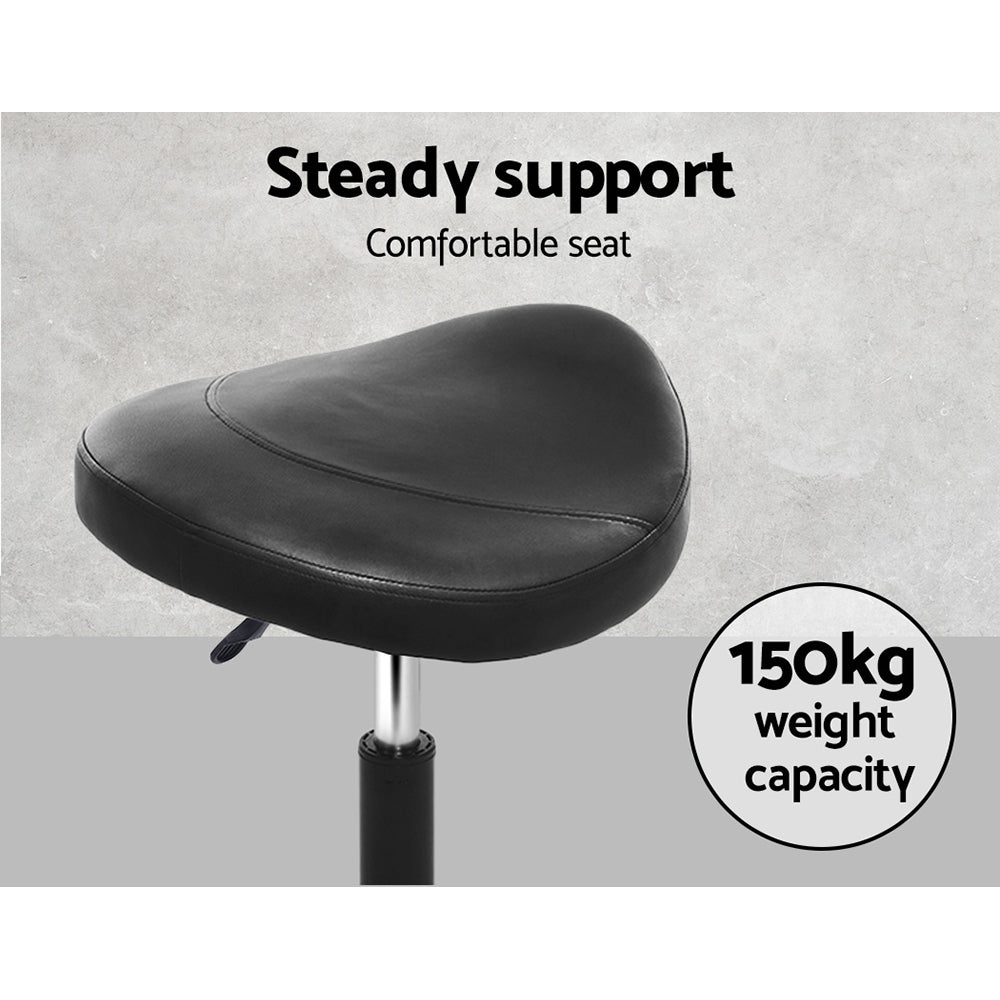 Set of 2 Saddle Seat Salon Stools PU Leather Swivel Hydraulic Lift Chair - Black on Black - Homecoze