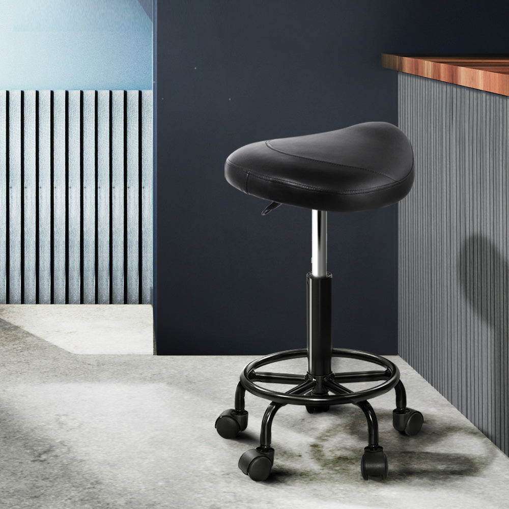 Set of 2 Saddle Seat Salon Stools PU Leather Swivel Hydraulic Lift Chair - Black on Black - Homecoze