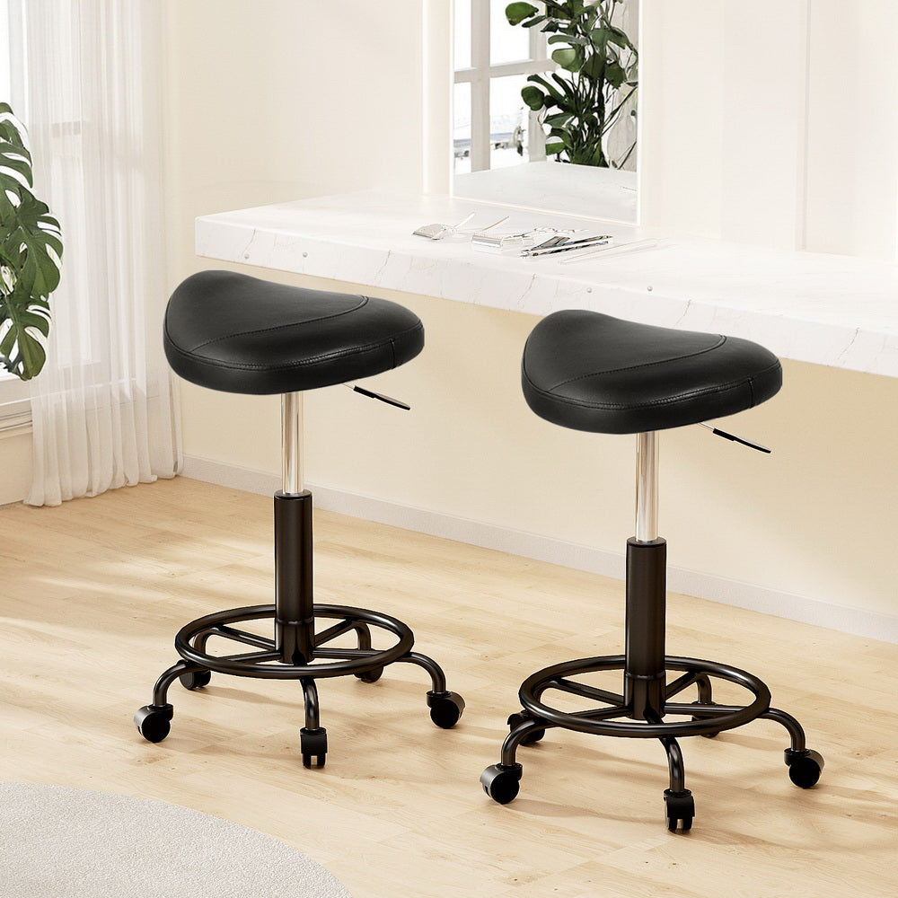 Set of 2 Saddle Seat Salon Stools PU Leather Swivel Hydraulic Lift Chair - Black on Black - Homecoze
