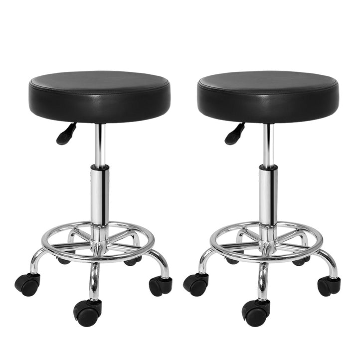 Set of 2 Round Salon Stools PU Leather Swivel Hydraulic Lift Chair - Black - Homecoze
