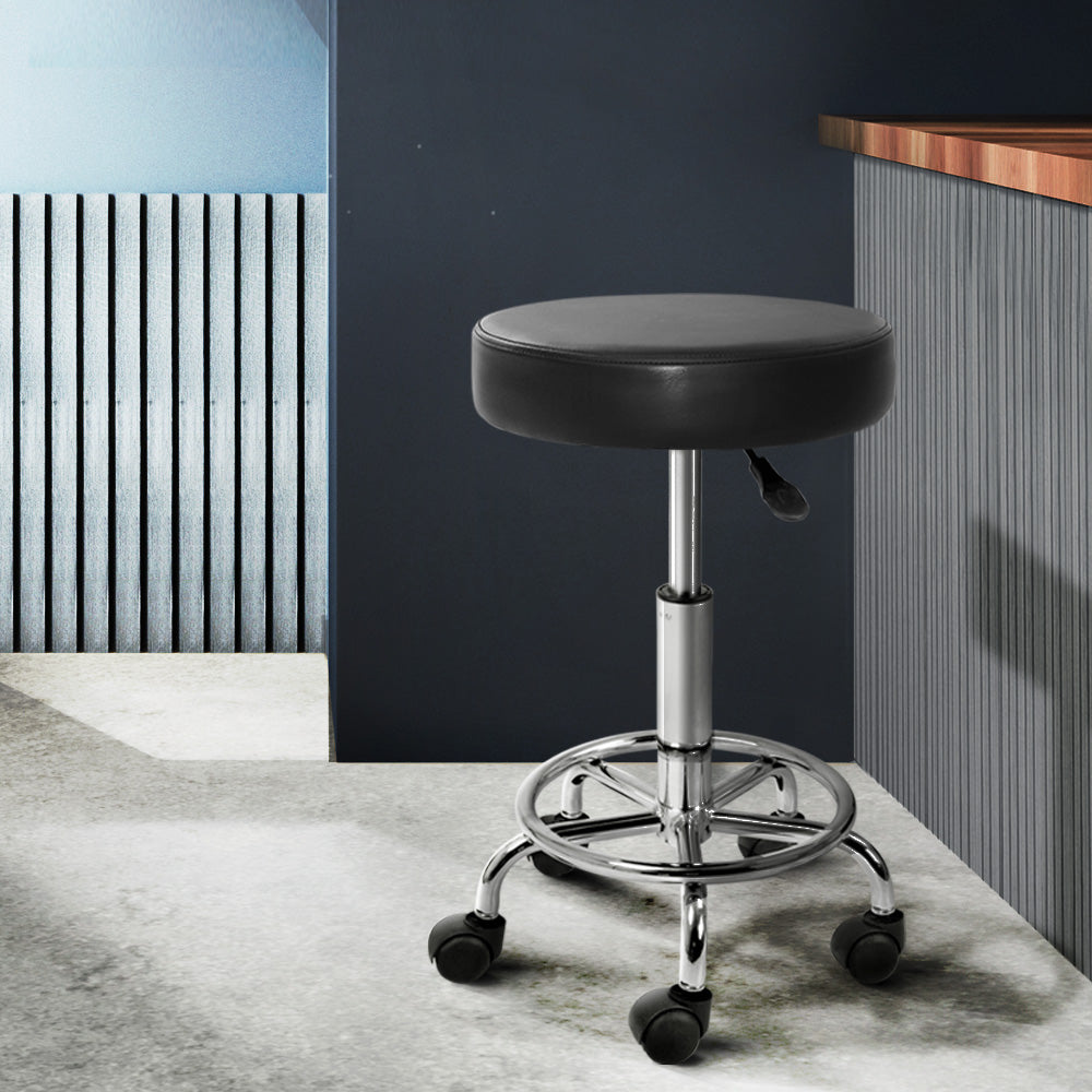 Set of 2 Round Salon Stools PU Leather Swivel Hydraulic Lift Chair - Black - Homecoze