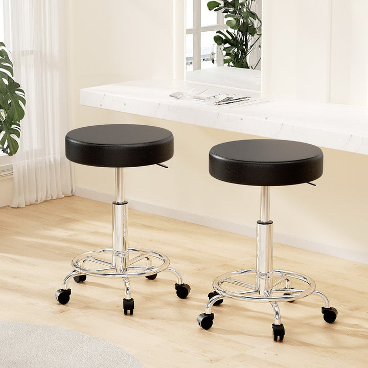 Set of 2 Round Salon Stools PU Leather Swivel Hydraulic Lift Chair - Black - Homecoze
