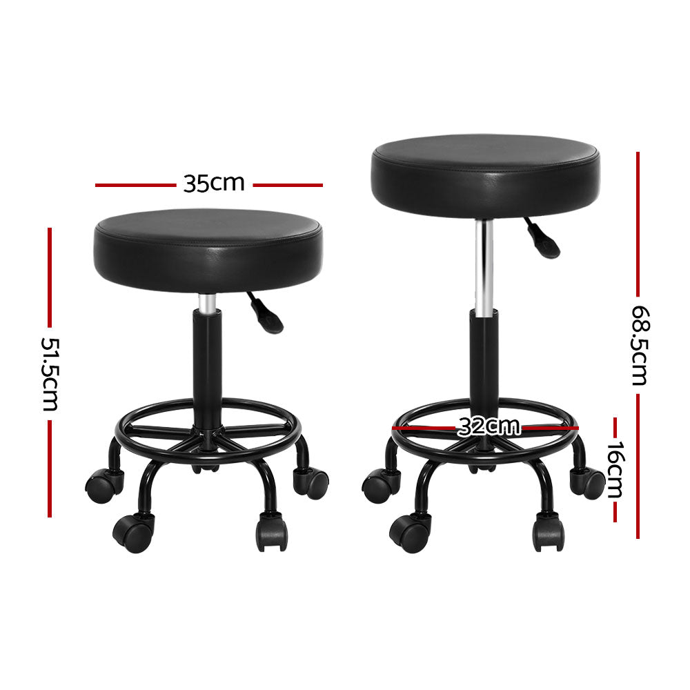 Set of 2 Round Salon Stools PU Leather Swivel Hydraulic Lift Chair - Black on Black - Homecoze