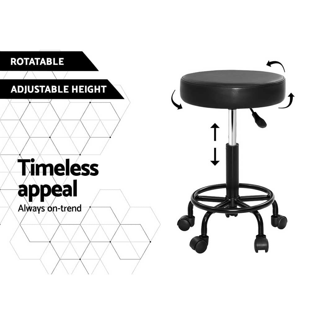 Set of 2 Round Salon Stools PU Leather Swivel Hydraulic Lift Chair - Black on Black - Homecoze