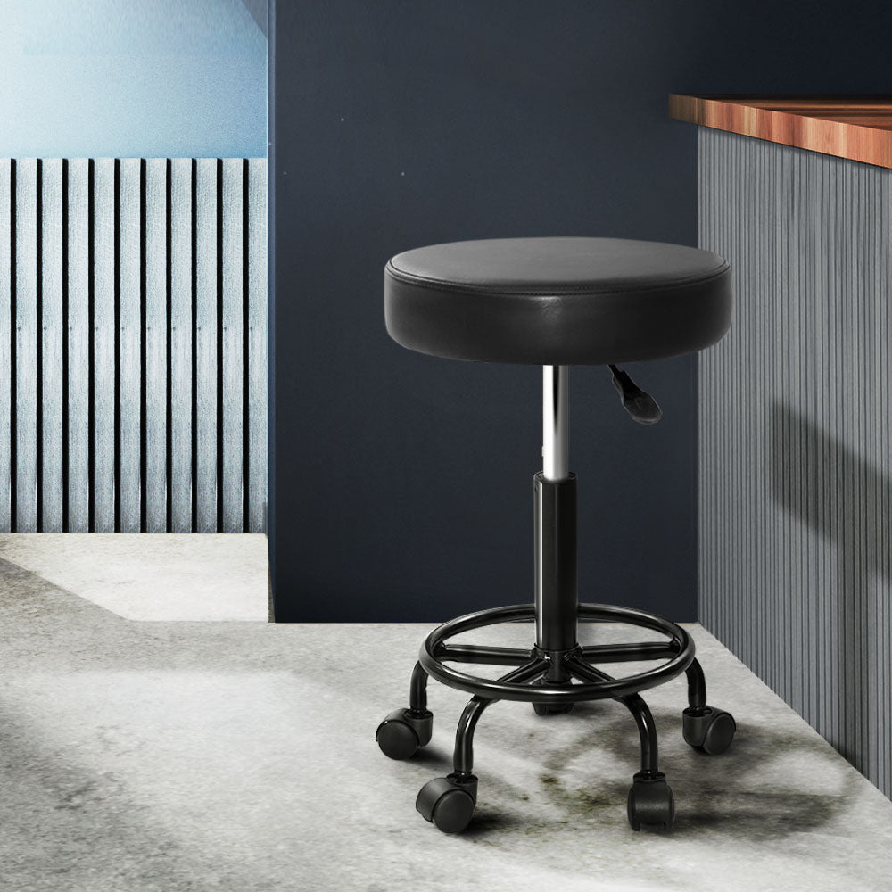 Set of 2 Round Salon Stools PU Leather Swivel Hydraulic Lift Chair - Black on Black - Homecoze