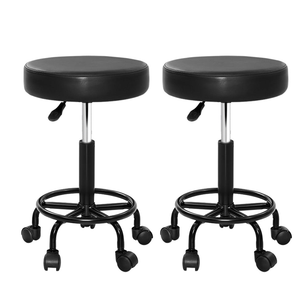 Set of 2 Round Salon Stools PU Leather Swivel Hydraulic Lift Chair - Black on Black - Homecoze