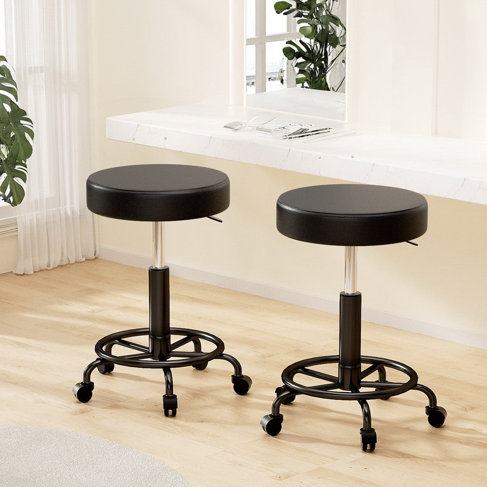Set of 2 Round Salon Stools PU Leather Swivel Hydraulic Lift Chair - Black on Black - Homecoze