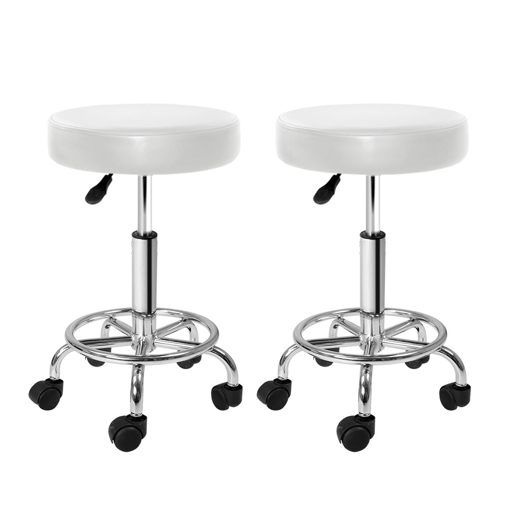Set of 2 Round Salon Stool PU Leather Swivel Hydraulic Lift Chair - White - Homecoze
