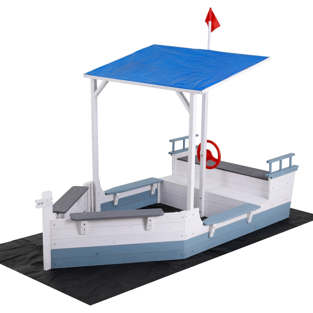 Kids Wooden Boat Style Sandpit with Sunshade - Homecoze