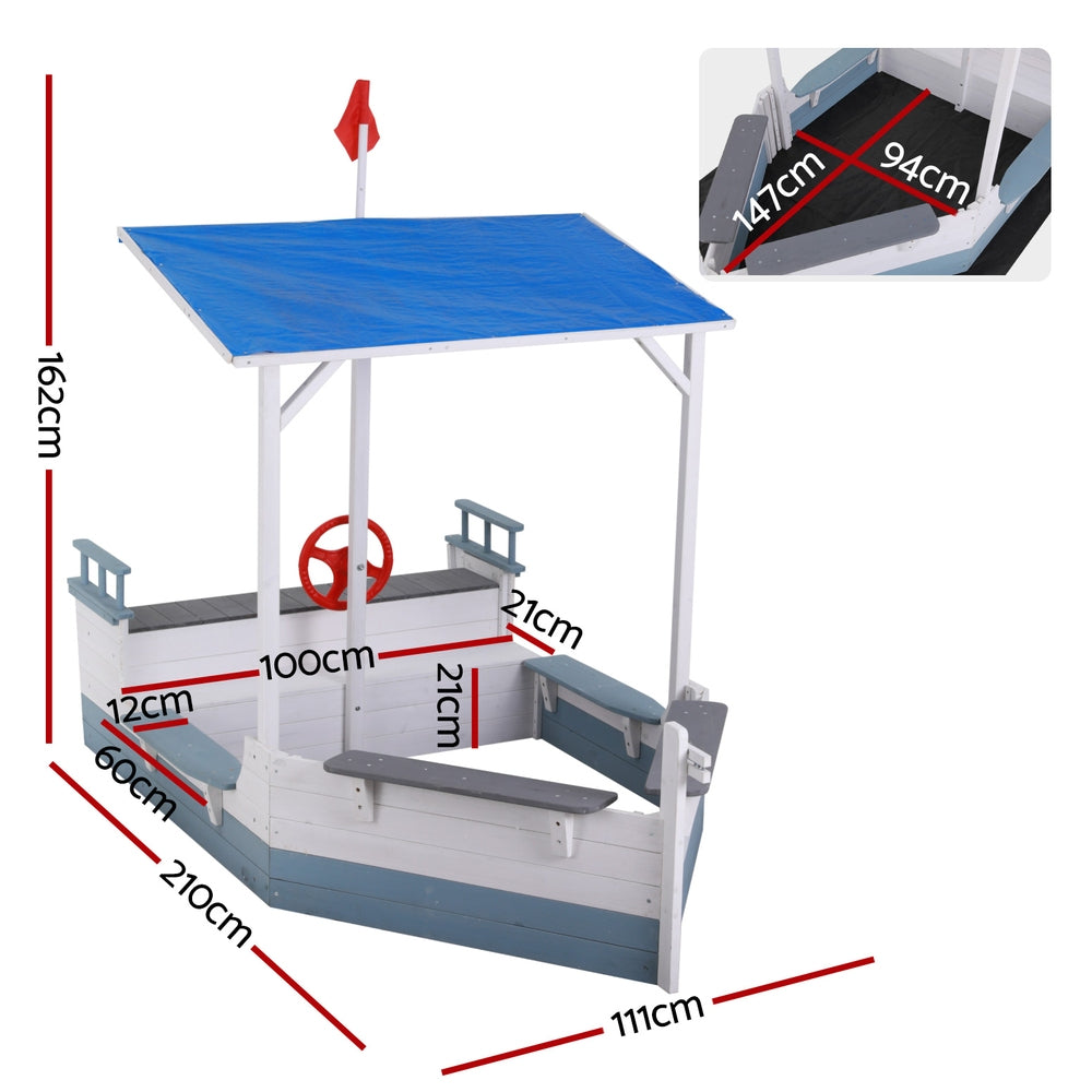 Kids Wooden Boat Style Sandpit with Sunshade