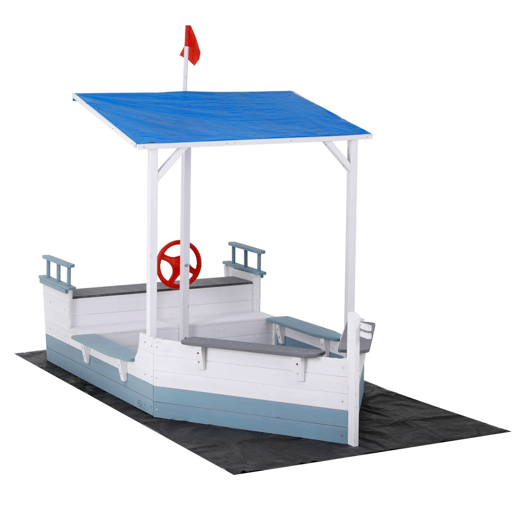 Kids Wooden Boat Style Sandpit with Sunshade - Homecoze