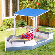 Kids Wooden Boat Style Sandpit with Sunshade - Homecoze
