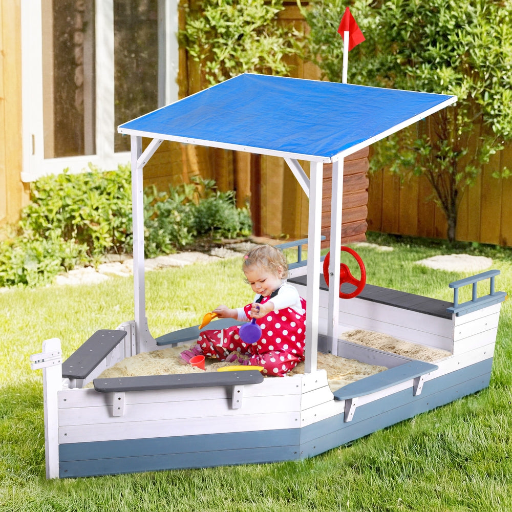 Kids Wooden Boat Style Sandpit with Sunshade - Homecoze