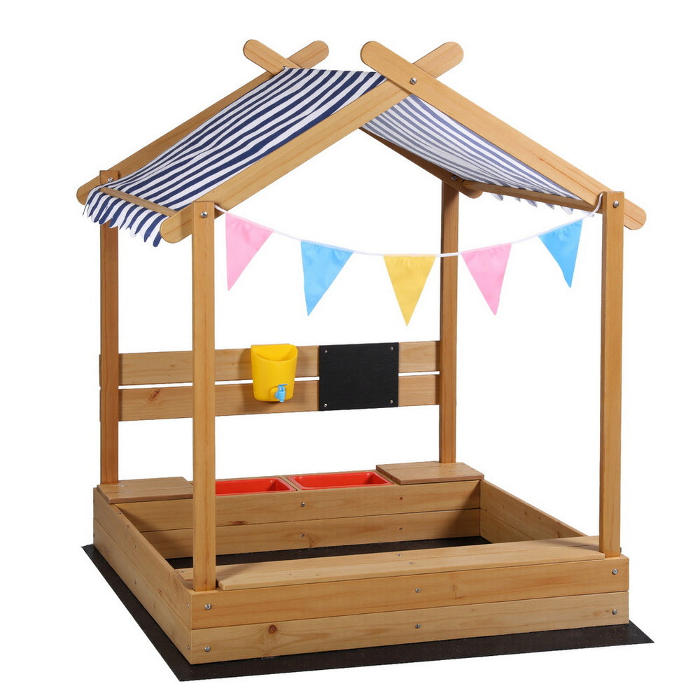 Keezi Kids Sandpit Wooden Sandbox Sand Pit with Canopy Water Basin Toys 146cm - Homecoze