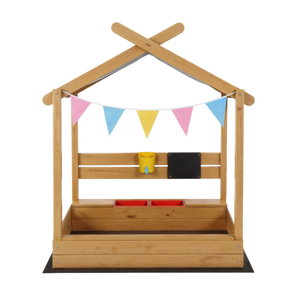 Keezi Kids Sandpit Wooden Sandbox Sand Pit with Canopy Water Basin Toys 146cm - Homecoze