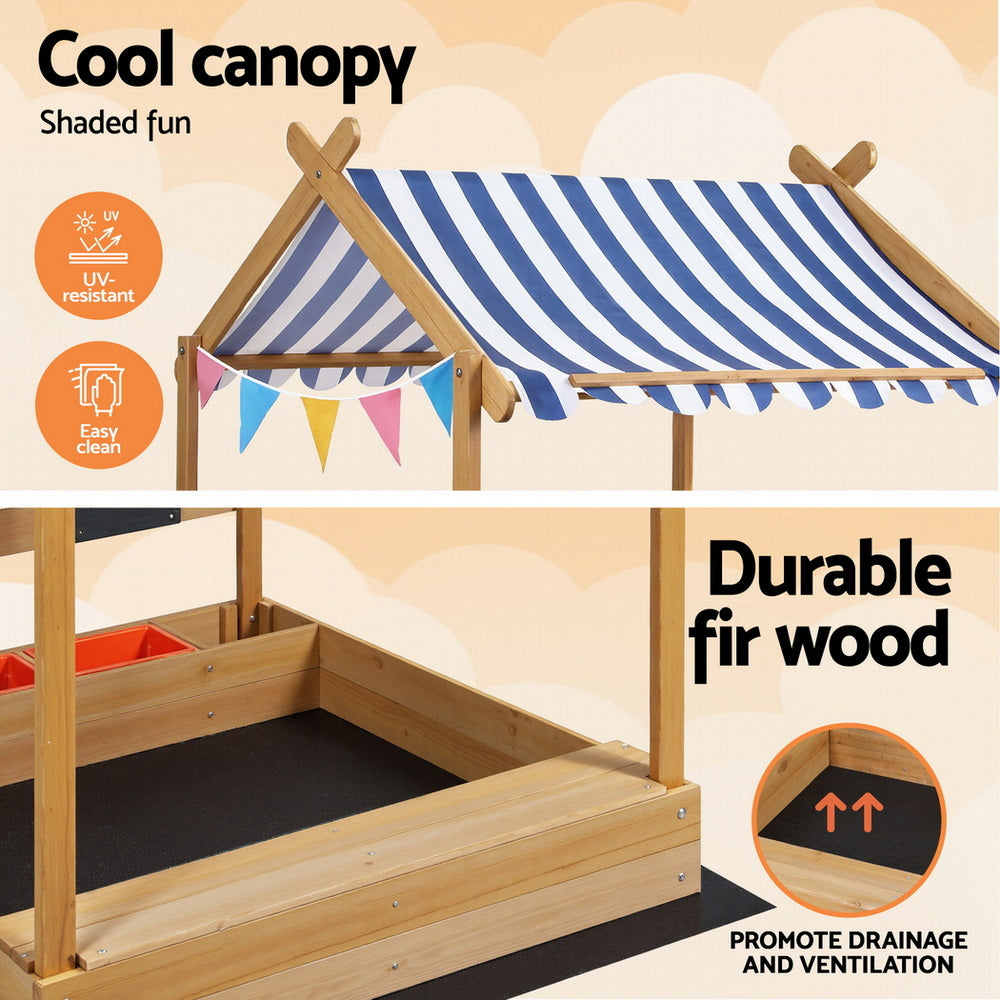 Keezi Kids Sandpit Wooden Sandbox Sand Pit with Canopy Water Basin Toys 146cm - Homecoze
