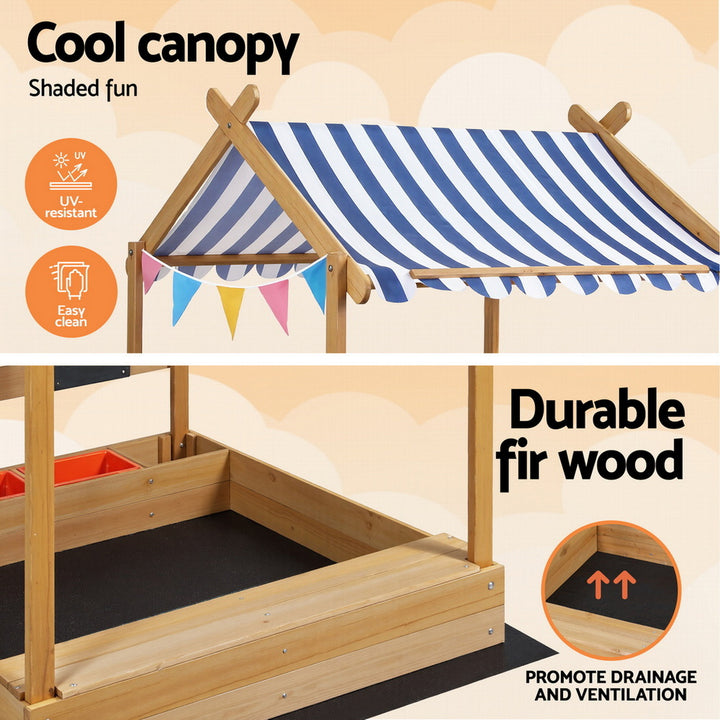 Keezi Kids Sandpit Wooden Sandbox Sand Pit with Canopy Water Basin Toys 146cm - Homecoze