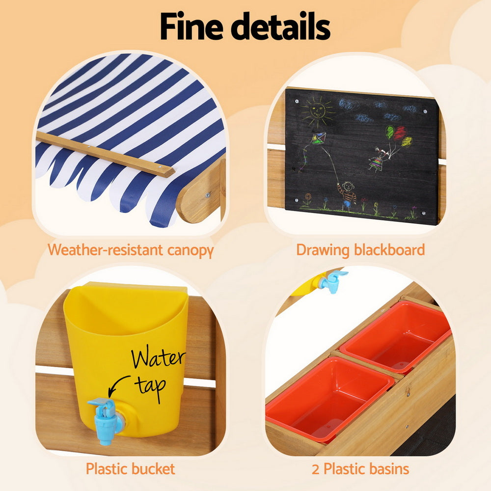Keezi Kids Sandpit Wooden Sandbox Sand Pit with Canopy Water Basin Toys 146cm - Homecoze