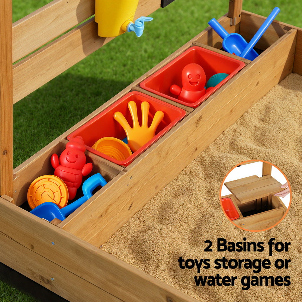 Keezi Kids Sandpit Wooden Sandbox Sand Pit with Canopy Water Basin Toys 146cm - Homecoze