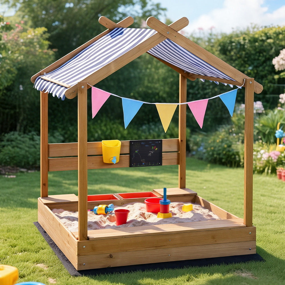Keezi Kids Sandpit Wooden Sandbox Sand Pit with Canopy Water Basin Toys 146cm - Homecoze