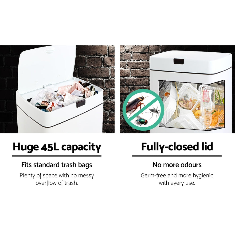 Motion Sensor Bin Automatic Open Lid Rubbish Trash Can 45L - White - Homecoze