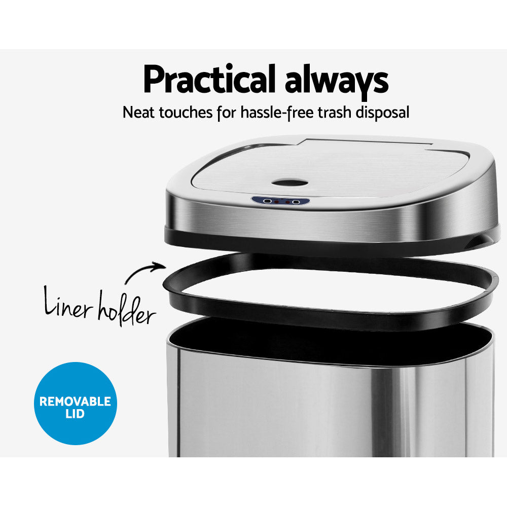 50L Automatic Open Motion Sensor Rubbish Bin - Stainless Steel - Homecoze