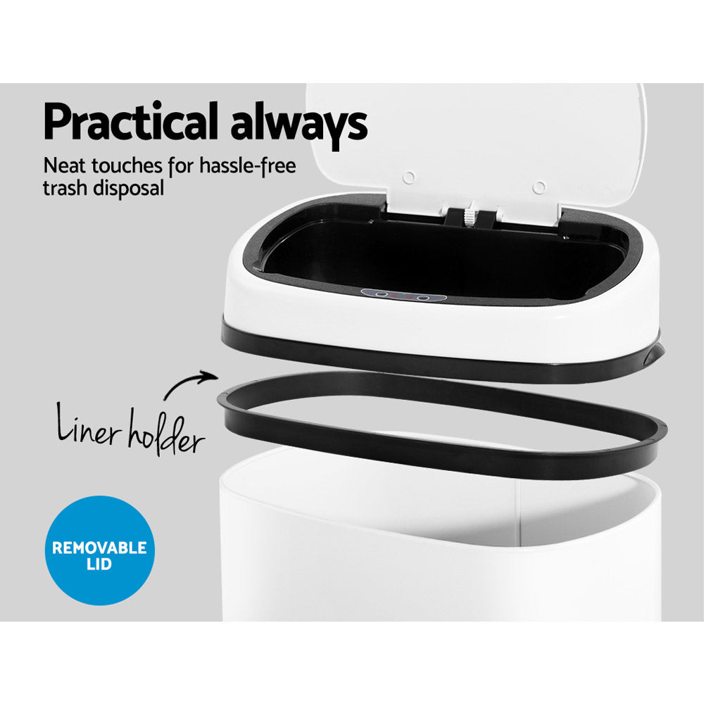 Motion Sensor Bin Automatic Open Lid Rubbish Trash Can 58L - White - Homecoze