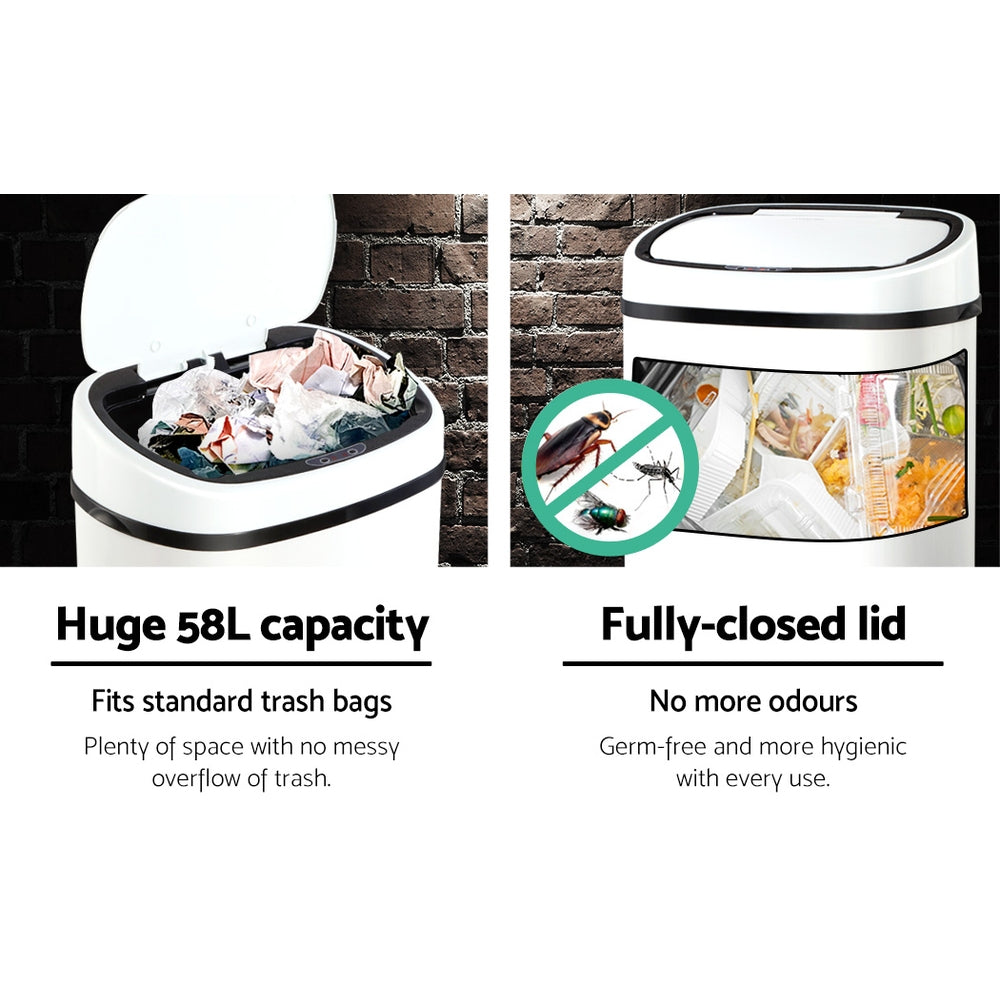 Motion Sensor Bin Automatic Open Lid Rubbish Trash Can 58L - White - Homecoze