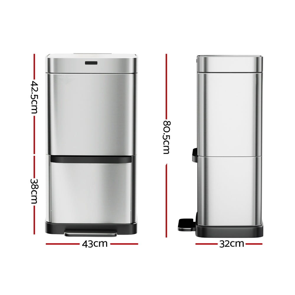 Motion Sensor Bin Automatic Open Lid Trash Can with Separate Recycling 70L - Stainless Steel - Homecoze