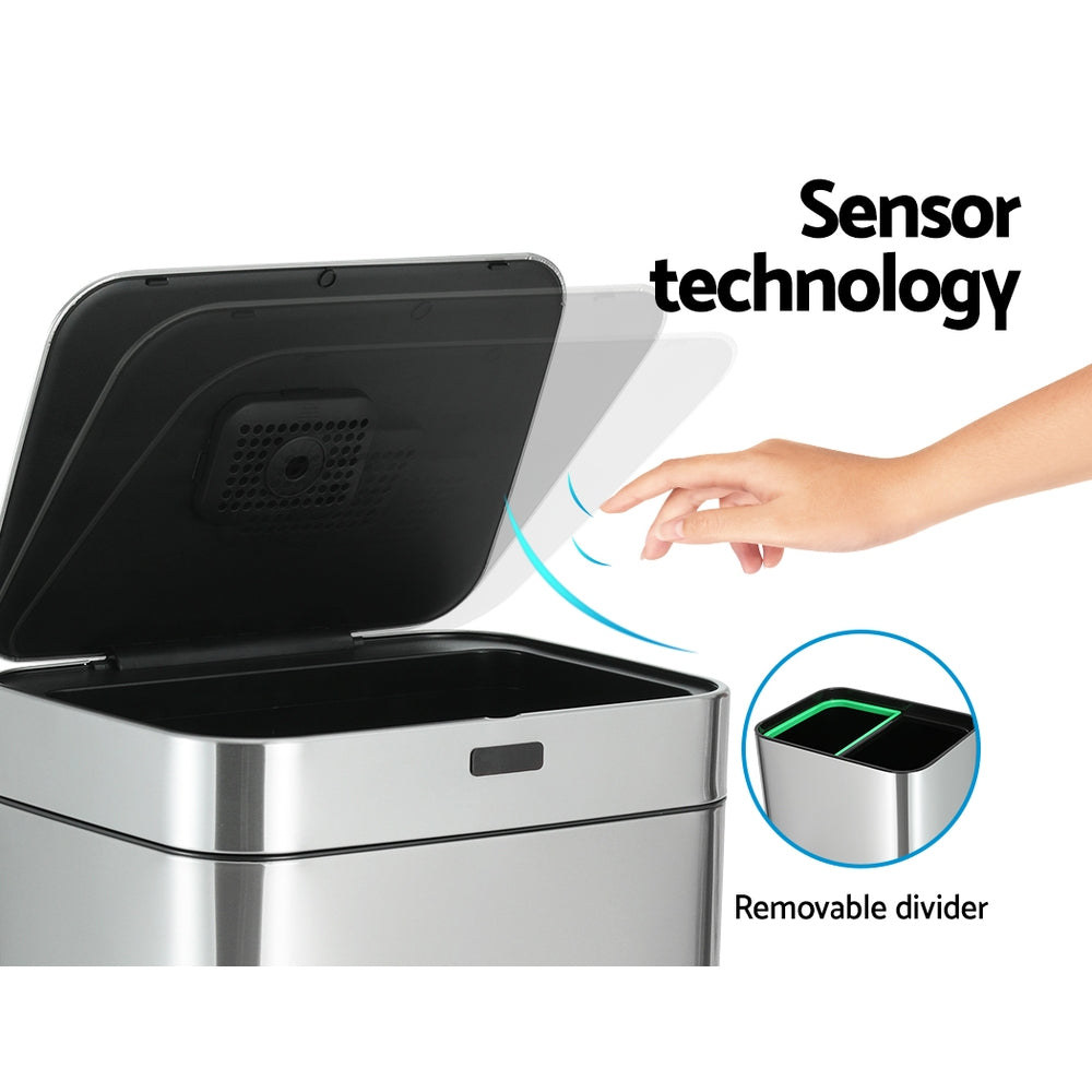 Motion Sensor Bin Automatic Open Lid Trash Can with Separate Recycling 70L - Stainless Steel - Homecoze