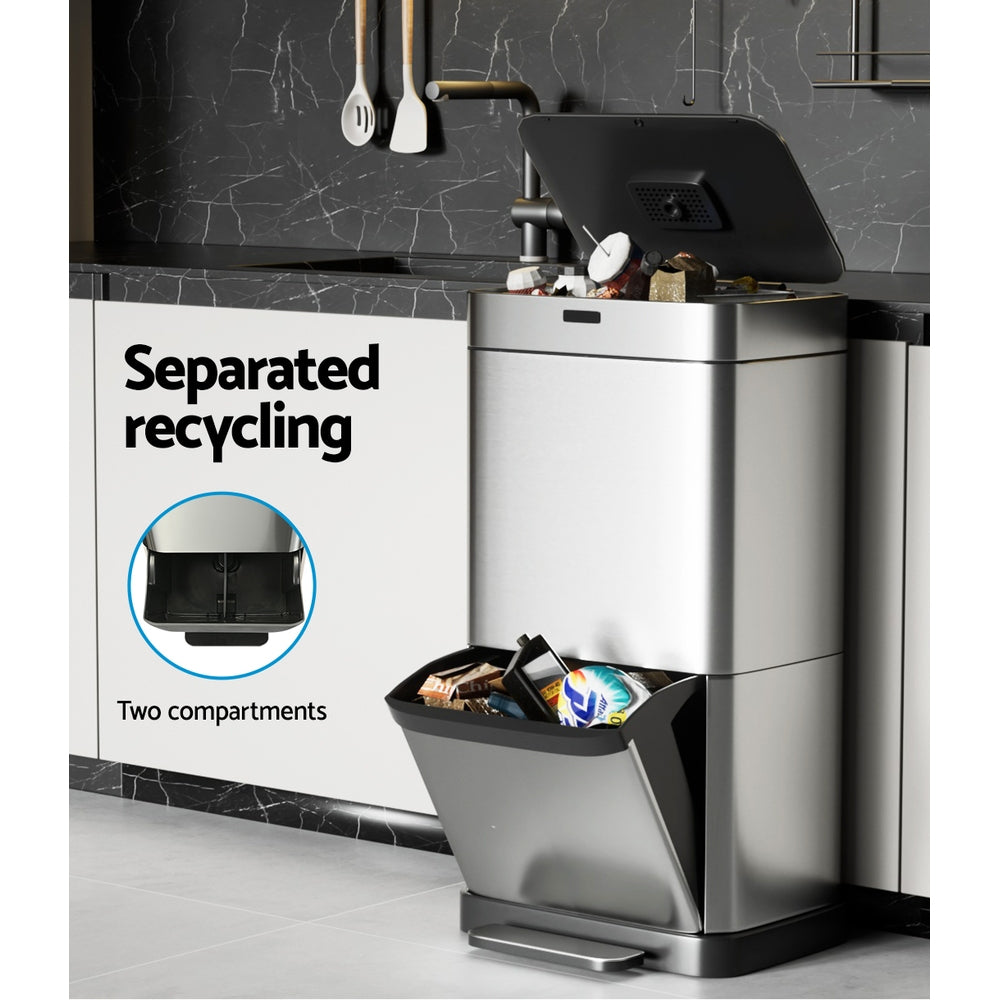 Motion Sensor Bin Automatic Open Lid Trash Can with Separate Recycling 70L - Stainless Steel - Homecoze