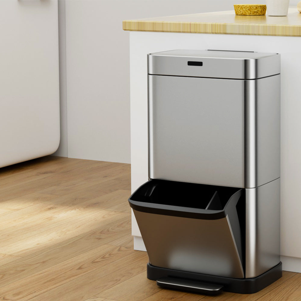 Motion Sensor Bin Automatic Open Lid Trash Can with Separate Recycling 70L - Stainless Steel - Homecoze