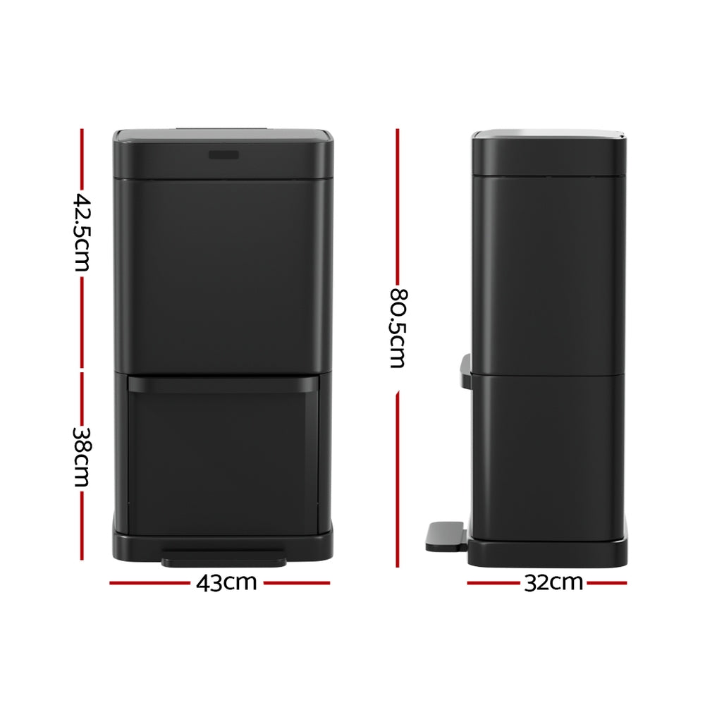 Motion Sensor Bin Automatic Open Lid Trash Can with Separate Recycling 70L - Black - Homecoze