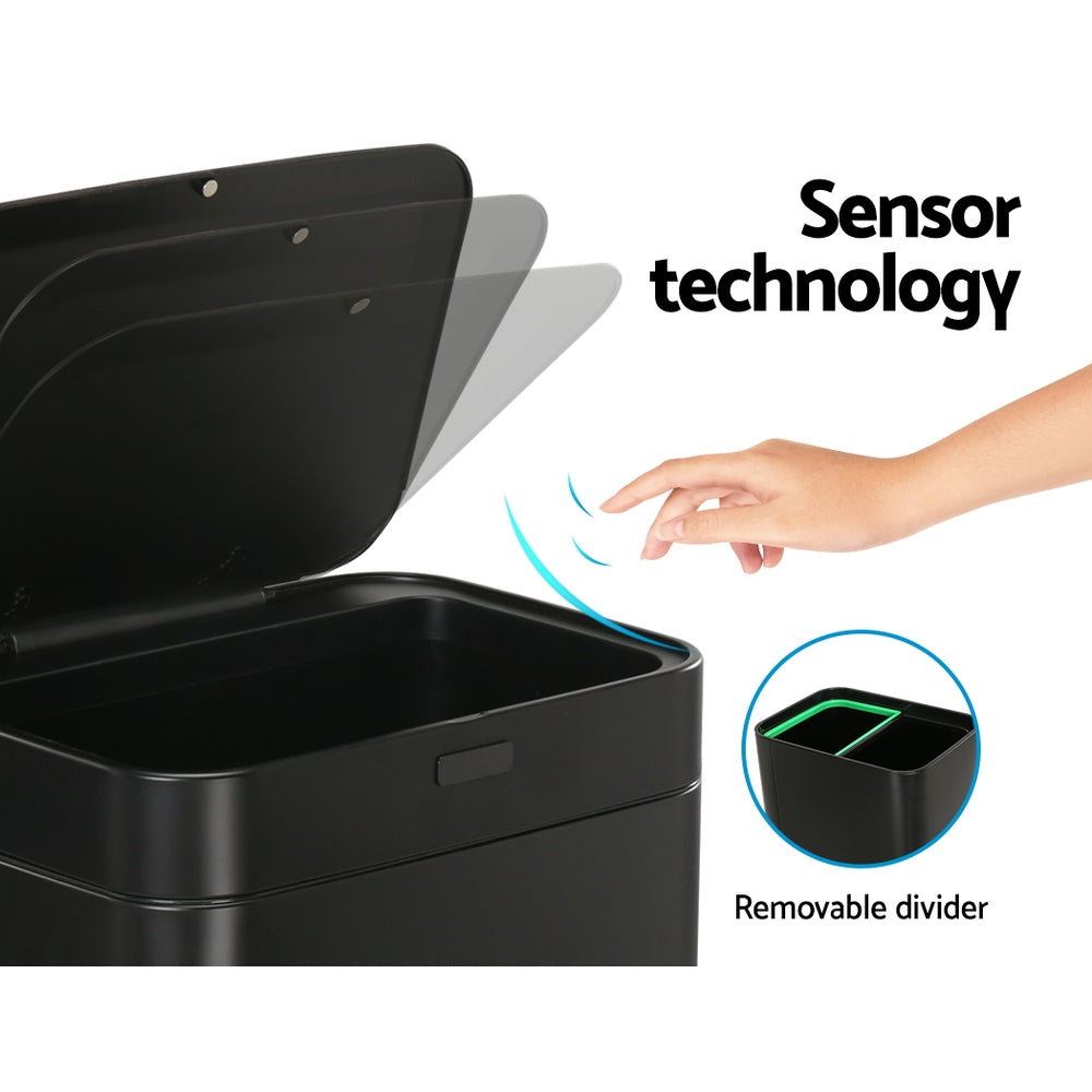Motion Sensor Bin Automatic Open Lid Trash Can with Separate Recycling 70L - Black - Homecoze