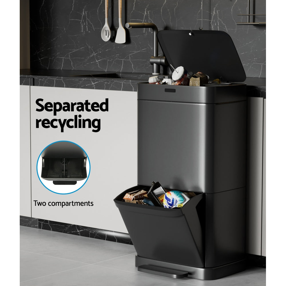 Motion Sensor Bin Automatic Open Lid Trash Can with Separate Recycling 70L - Black - Homecoze