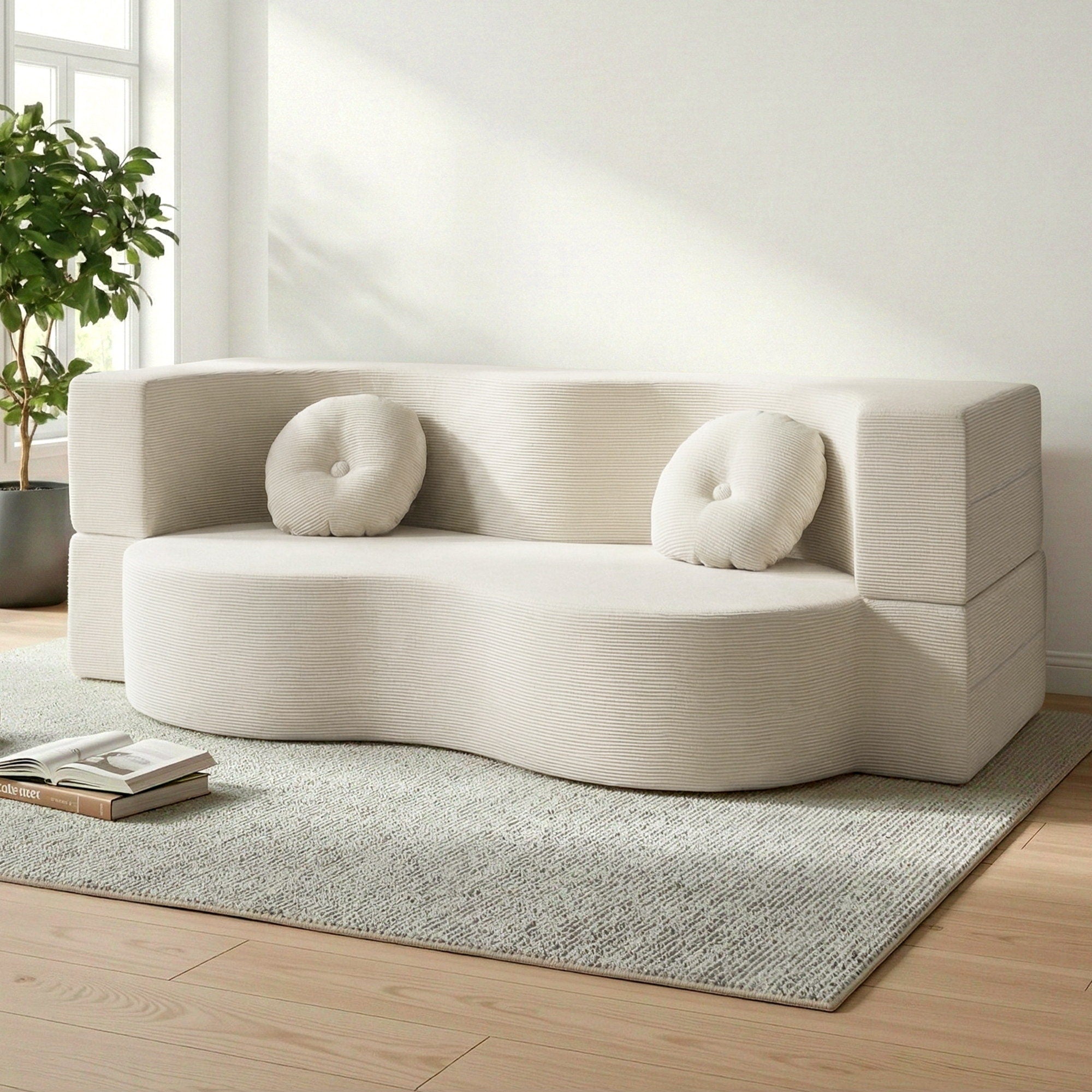 2-in-1 Corduroy Foam Floor Sofa - Beige - Homecoze