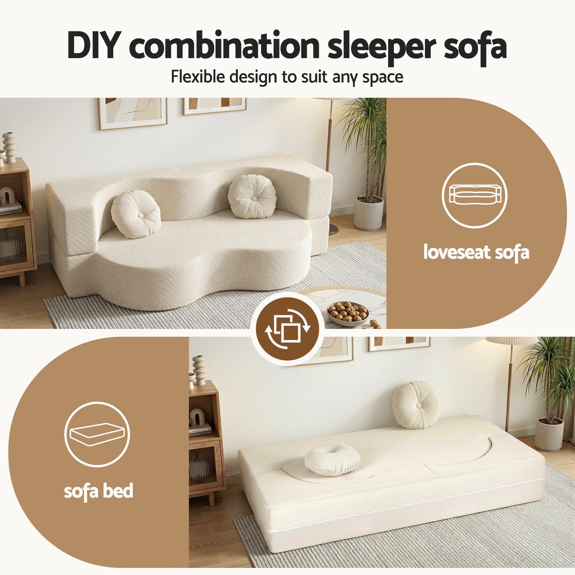 2-in-1 Corduroy Foam Floor Sofa - Beige - Homecoze