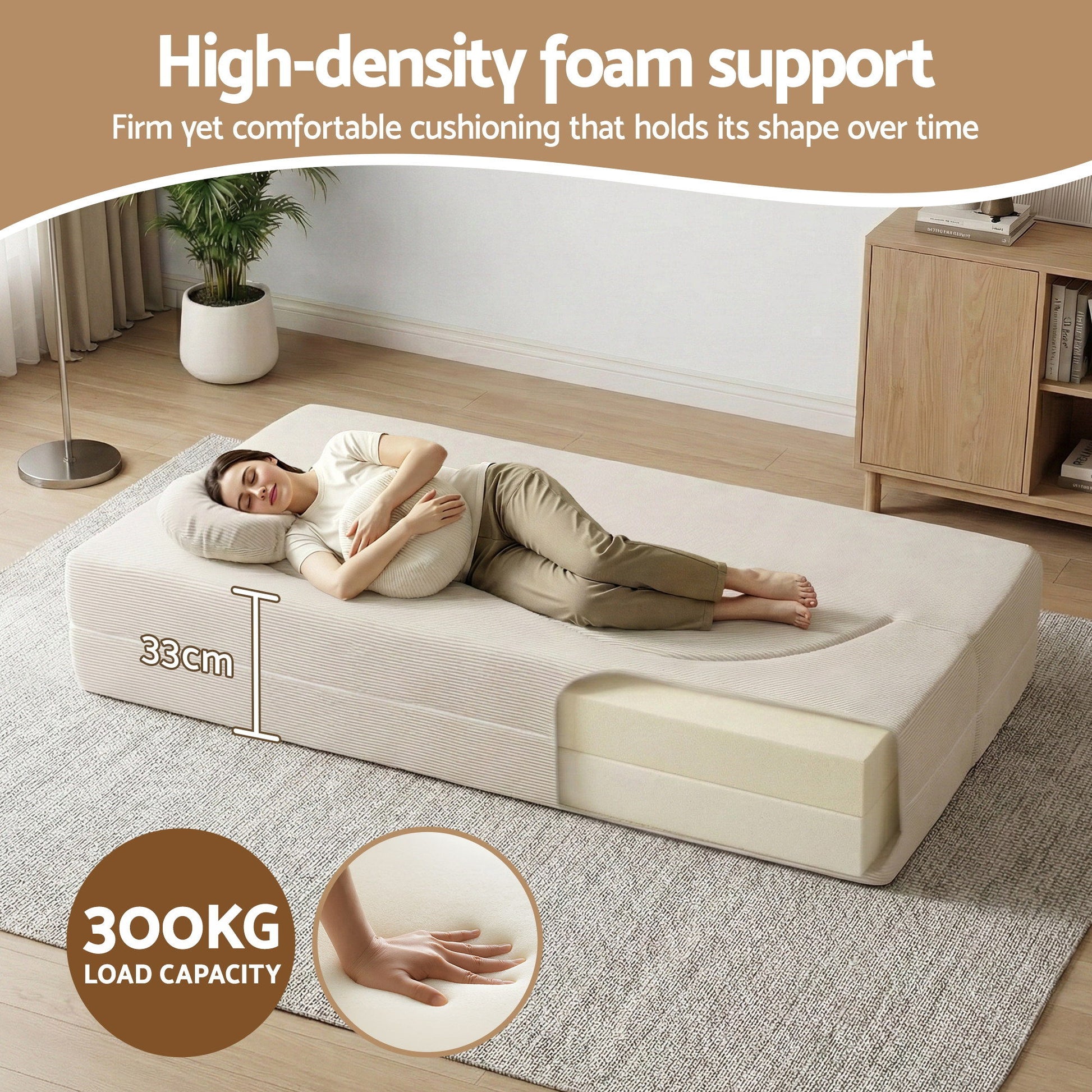 2-in-1 Corduroy Foam Floor Sofa - Beige - Homecoze